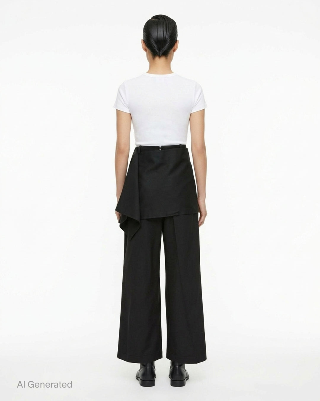 Issey Miyake Lustrous Wool Pants in black, featuring a wide-leg silhouette and asymmetric draped skirt overlay cascading from the high waist - back