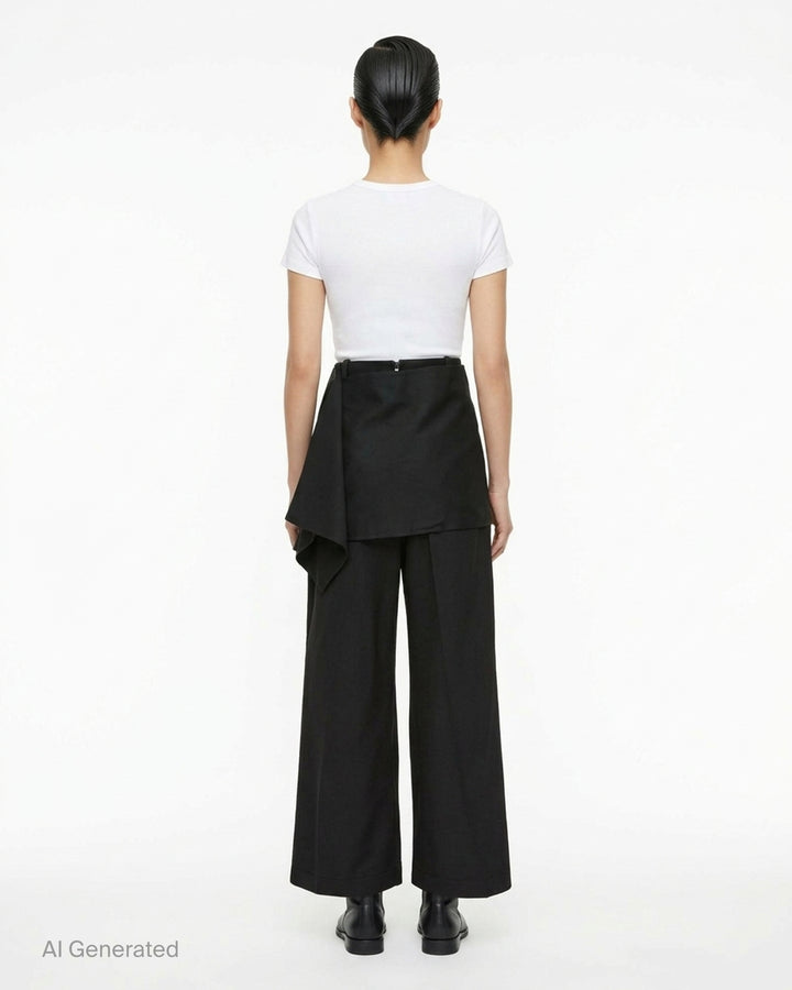 Issey Miyake Lustrous Wool Pants in black, featuring a wide-leg silhouette and asymmetric draped skirt overlay cascading from the high waist - back