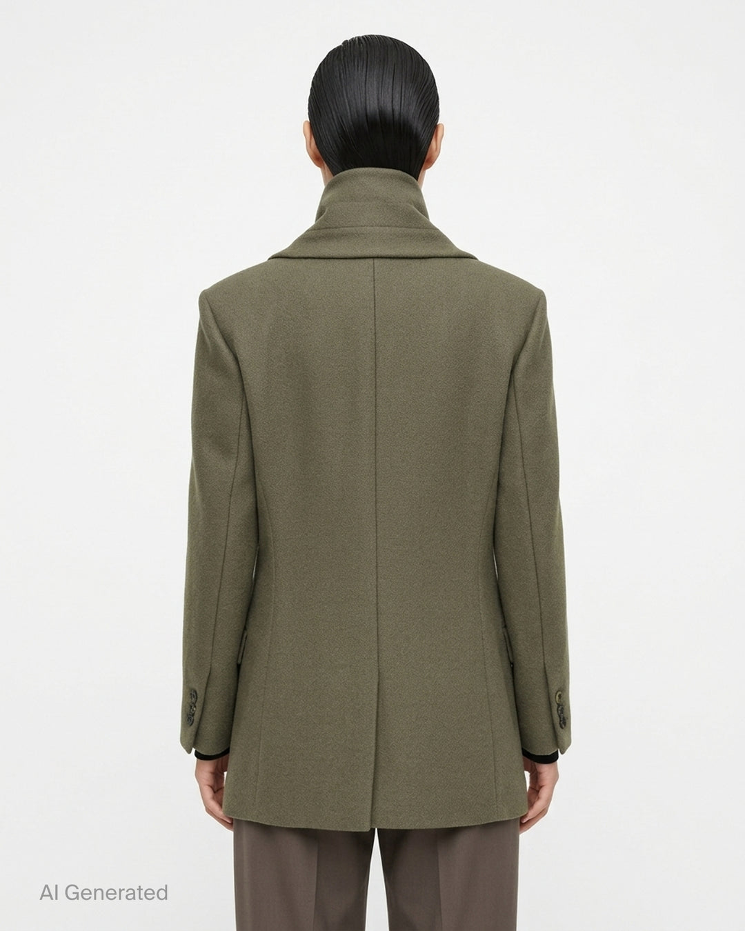 Issey Miyake Manner jacket in olive wool with integrated draped scarf collar and single button fastening - back