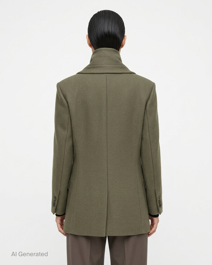 Issey Miyake Manner jacket in olive wool with integrated draped scarf collar and single button fastening - back