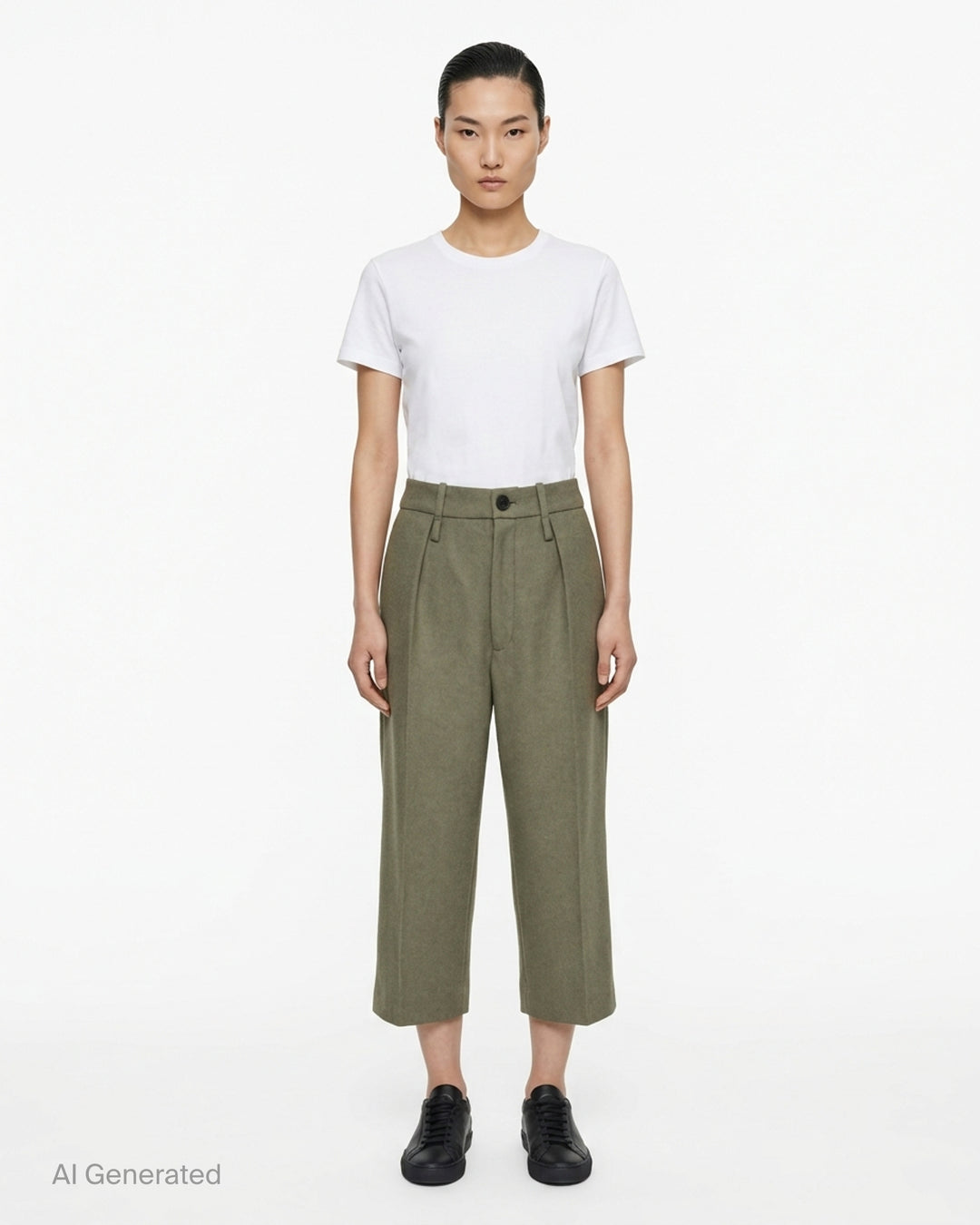 Issey Miyake Manner woven pants in olive-khaki with a high pleated waist, belt loops, button fastening and a straight cropped leg - front