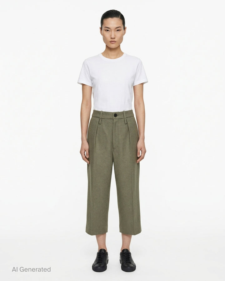 Issey Miyake Manner woven pants in olive-khaki with a high pleated waist, belt loops, button fastening and a straight cropped leg - front