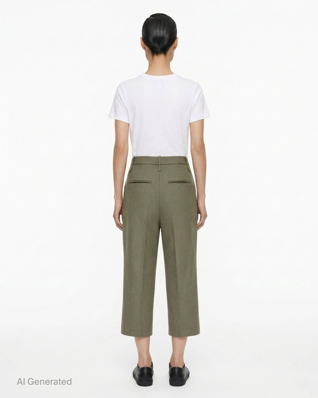 Issey Miyake Manner woven pants in olive-khaki with a high pleated waist, belt loops, button fastening and a straight cropped leg - back