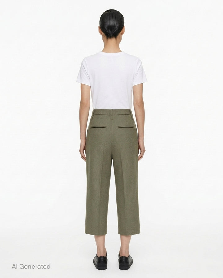 Issey Miyake Manner woven pants in olive-khaki with a high pleated waist, belt loops, button fastening and a straight cropped leg - back
