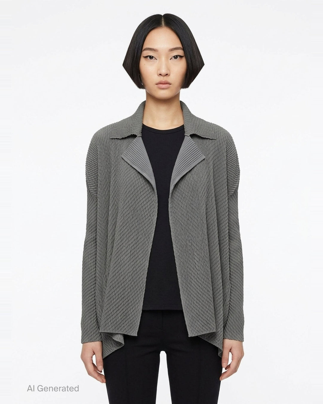Issey Miyake Misty Pleats black pleated open-front cardigan, rear view, showing draped lapel collar, textured pleated fabric, long sleeves, and asymmetric hem - front