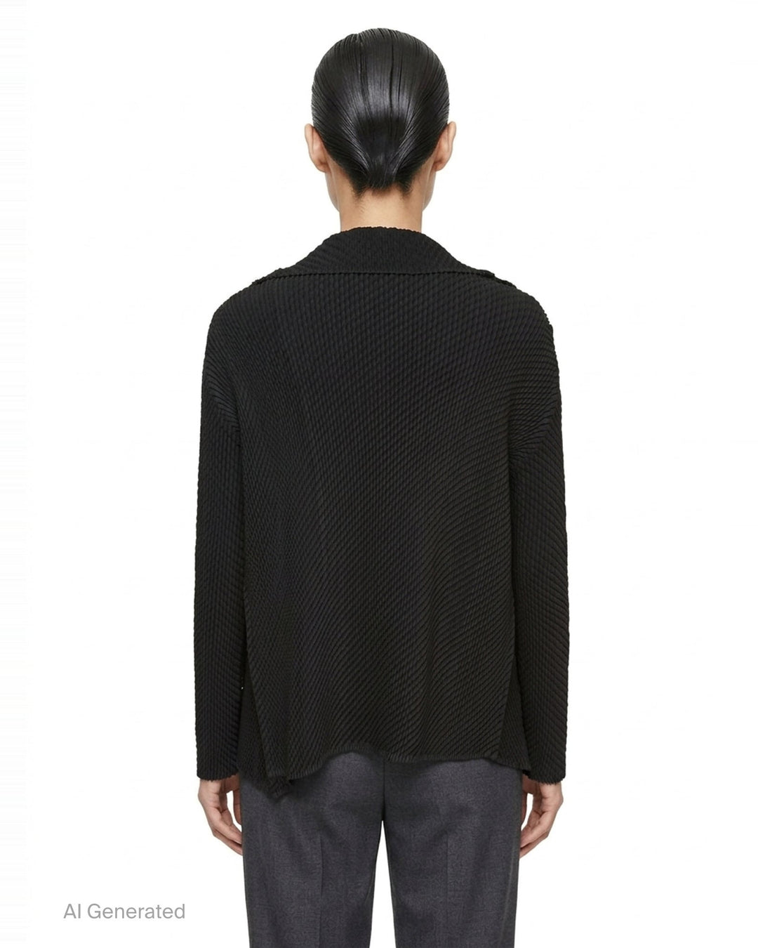 Issey Miyake Misty Pleats black pleated open-front cardigan, rear view, showing draped lapel collar, textured pleated fabric, long sleeves, and asymmetric hem - back