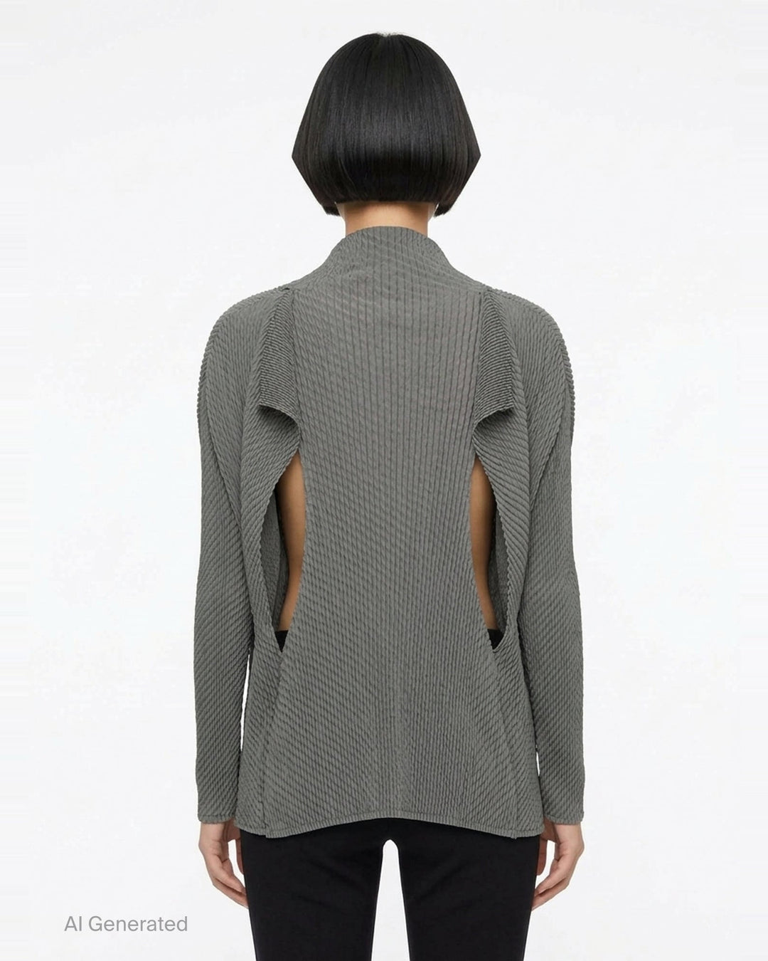 Issey Miyake Misty Pleats black pleated open-front cardigan, rear view, showing draped lapel collar, textured pleated fabric, long sleeves, and asymmetric hem - back