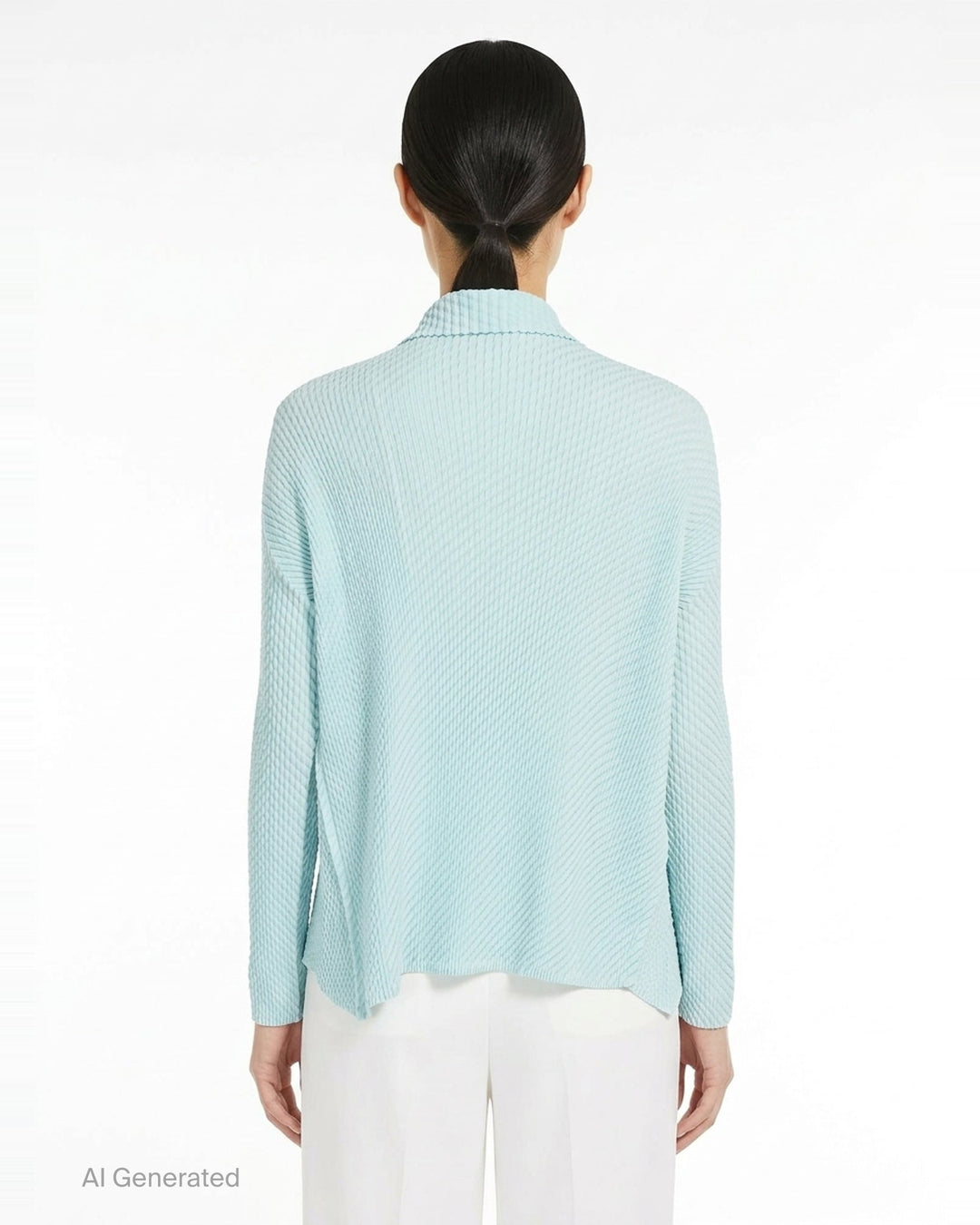 Issey Miyake Misty Pleats black pleated open-front cardigan, rear view, showing draped lapel collar, textured pleated fabric, long sleeves, and asymmetric hem - back