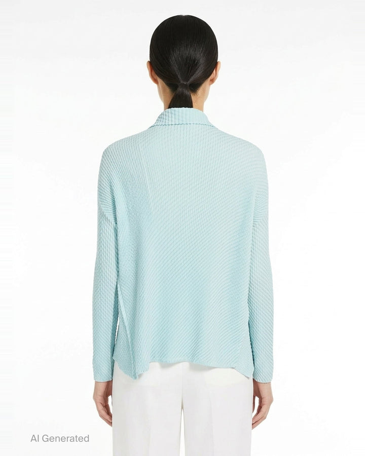 Issey Miyake Misty Pleats black pleated open-front cardigan, rear view, showing draped lapel collar, textured pleated fabric, long sleeves, and asymmetric hem - back