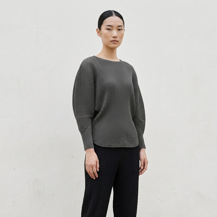 Issey Miyake Misty Pleats black pleated top, rear view, showing all-over relief pleat texture, batwing sleeves with fitted cuffs, and ribbed crew neckline - lifestyle
