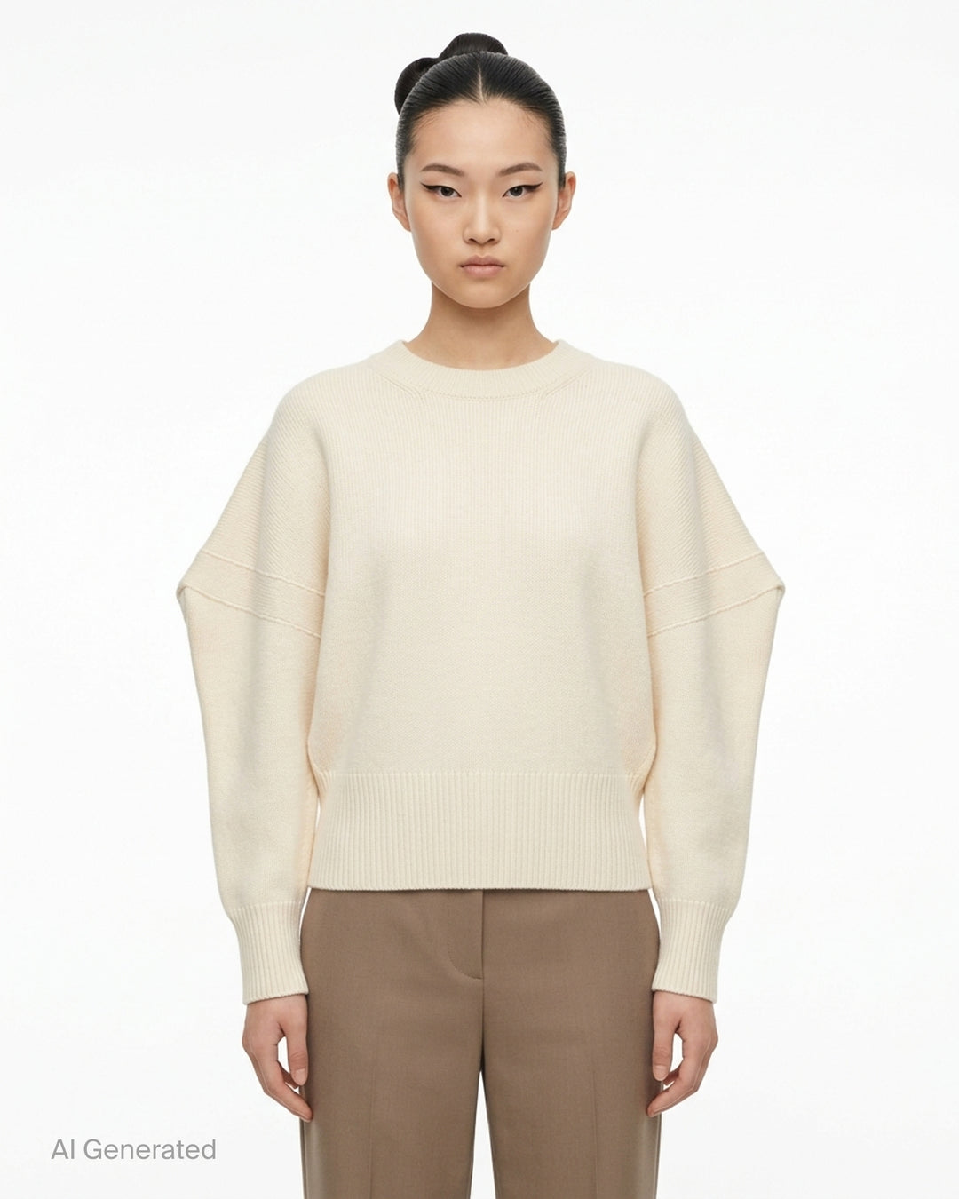 Issey Miyake O KNIT black crew neck sweater with sculptural rounded sleeves and ribbed hem and cuffs, shown from the front - front