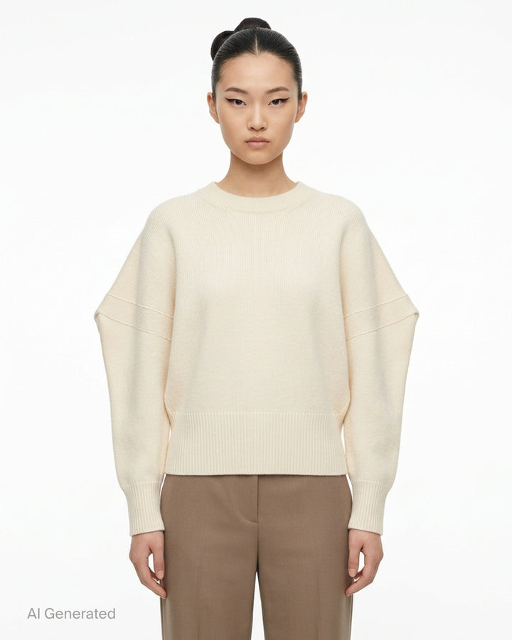 Issey Miyake O KNIT black crew neck sweater with sculptural rounded sleeves and ribbed hem and cuffs, shown from the front - front
