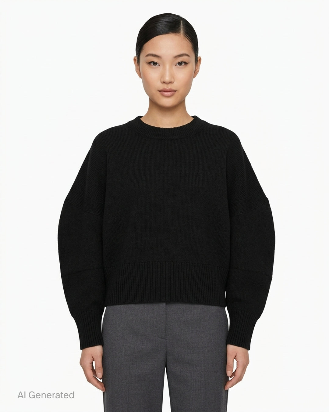 Issey Miyake O KNIT black crew neck sweater with sculptural rounded sleeves and ribbed hem and cuffs, shown from the front - front