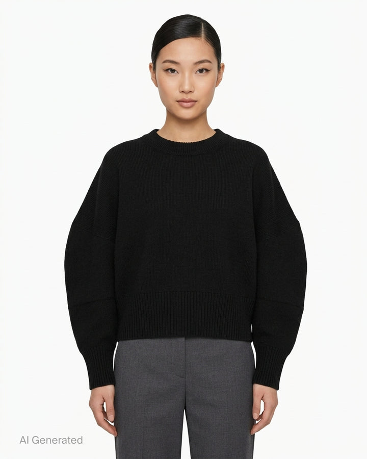 Issey Miyake O KNIT black crew neck sweater with sculptural rounded sleeves and ribbed hem and cuffs, shown from the front - front