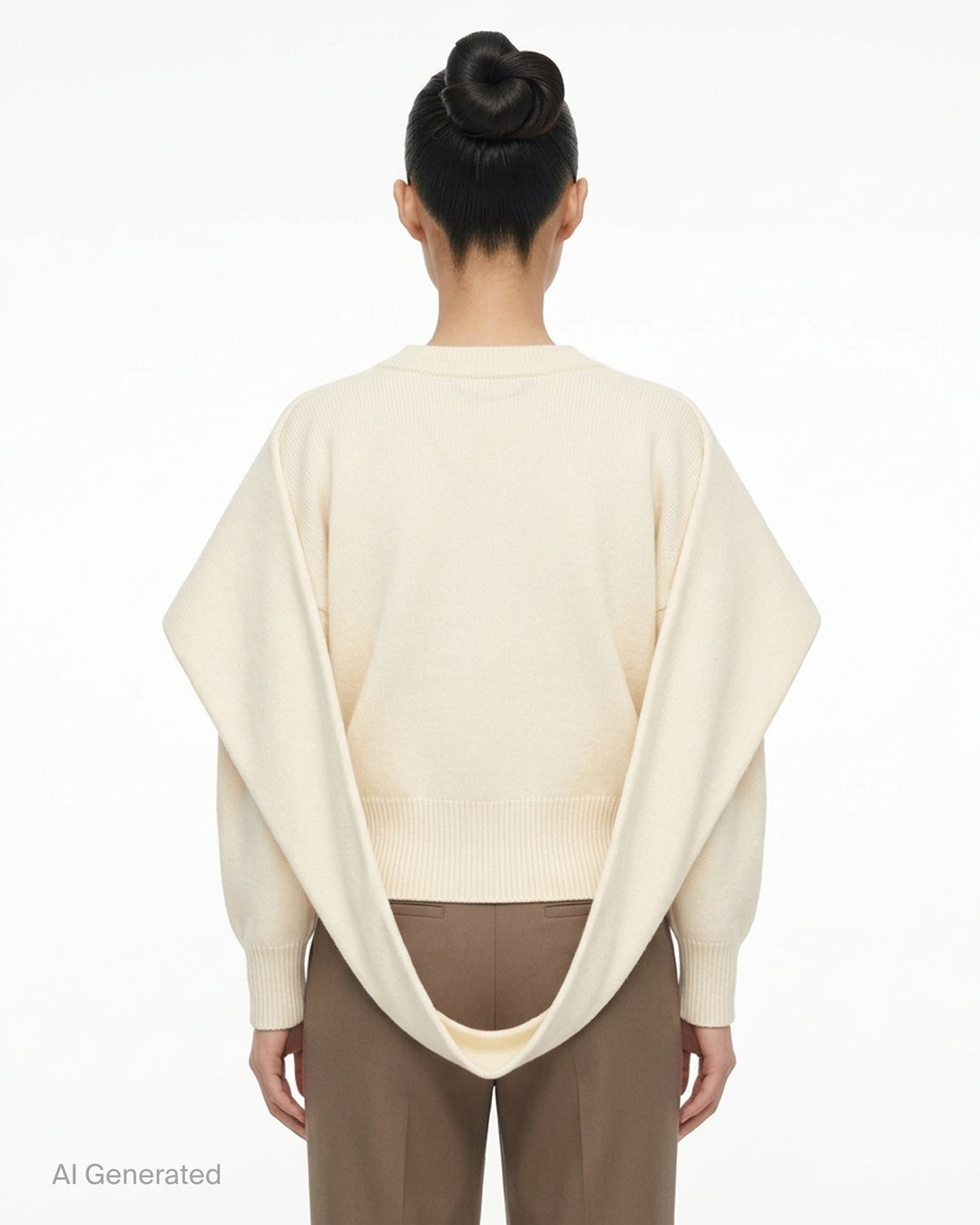 Issey Miyake O KNIT black crew neck sweater with sculptural rounded sleeves and ribbed hem and cuffs, shown from the front - back
