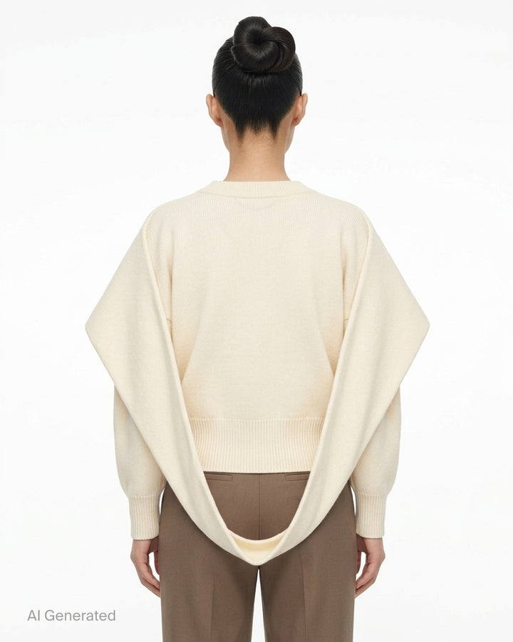 Issey Miyake O KNIT black crew neck sweater with sculptural rounded sleeves and ribbed hem and cuffs, shown from the front - back