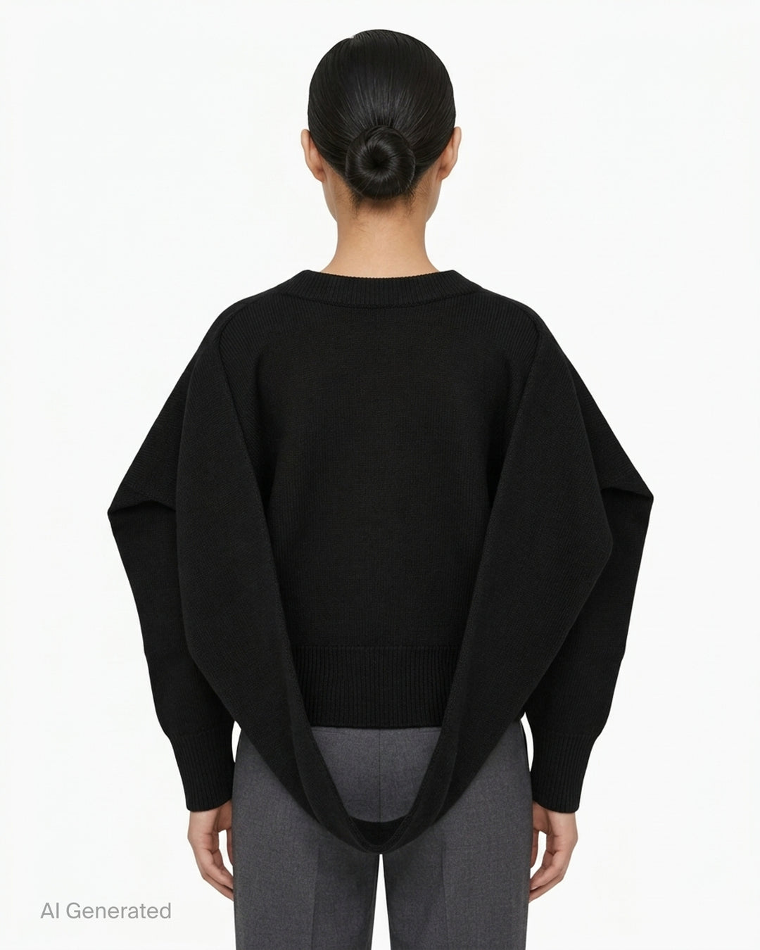 Issey Miyake O KNIT black crew neck sweater with sculptural rounded sleeves and ribbed hem and cuffs, shown from the front - back