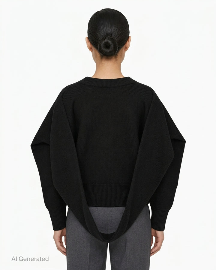 Issey Miyake O KNIT black crew neck sweater with sculptural rounded sleeves and ribbed hem and cuffs, shown from the front - back