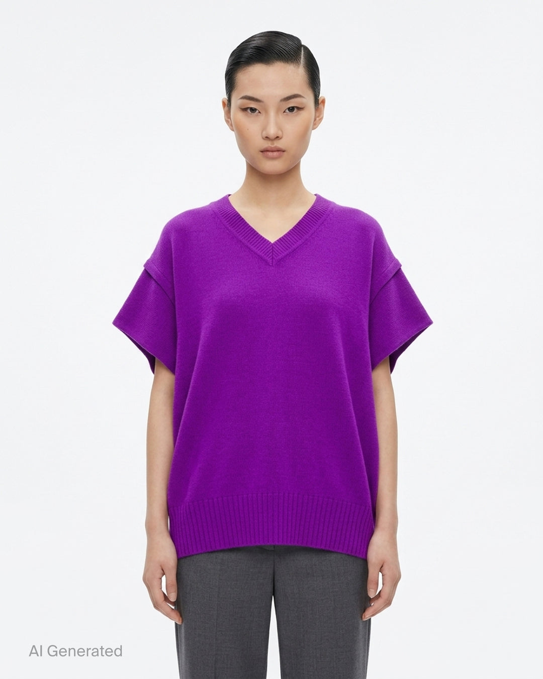 Issey Miyake black oversized knit vest with V-neckline, ribbed trims and a sculptural cocoon silhouette - front