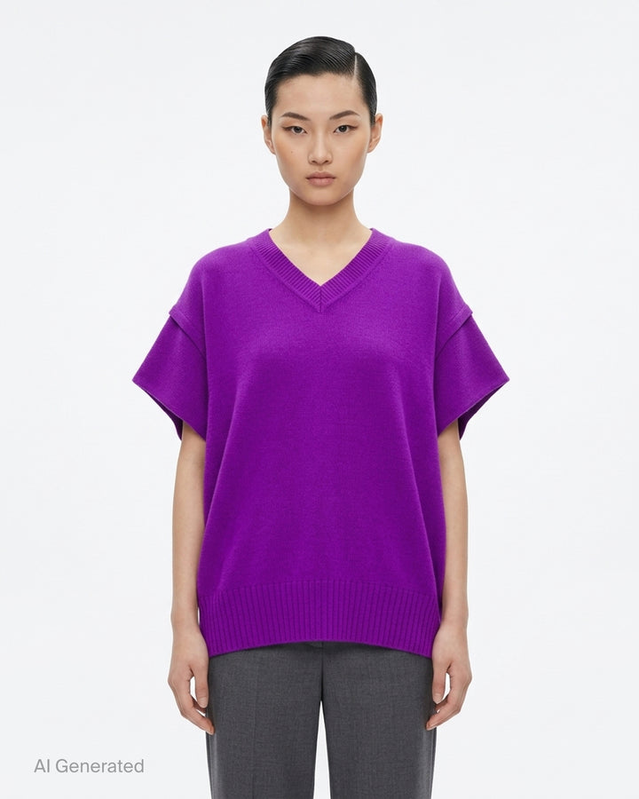 Issey Miyake black oversized knit vest with V-neckline, ribbed trims and a sculptural cocoon silhouette - front