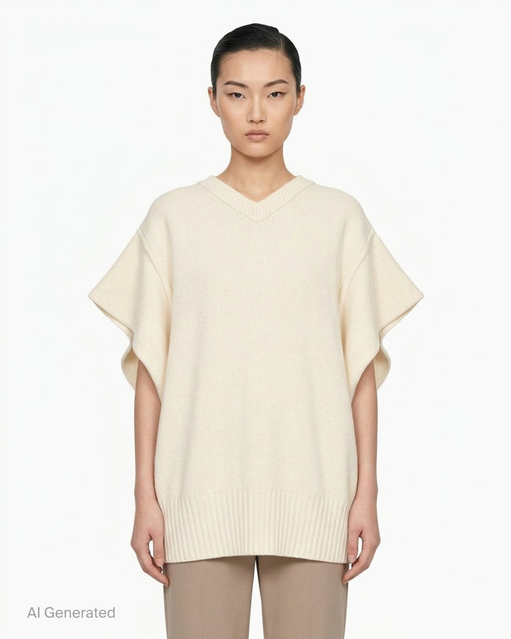 Issey Miyake black oversized knit vest with V-neckline, ribbed trims and a sculptural cocoon silhouette - front