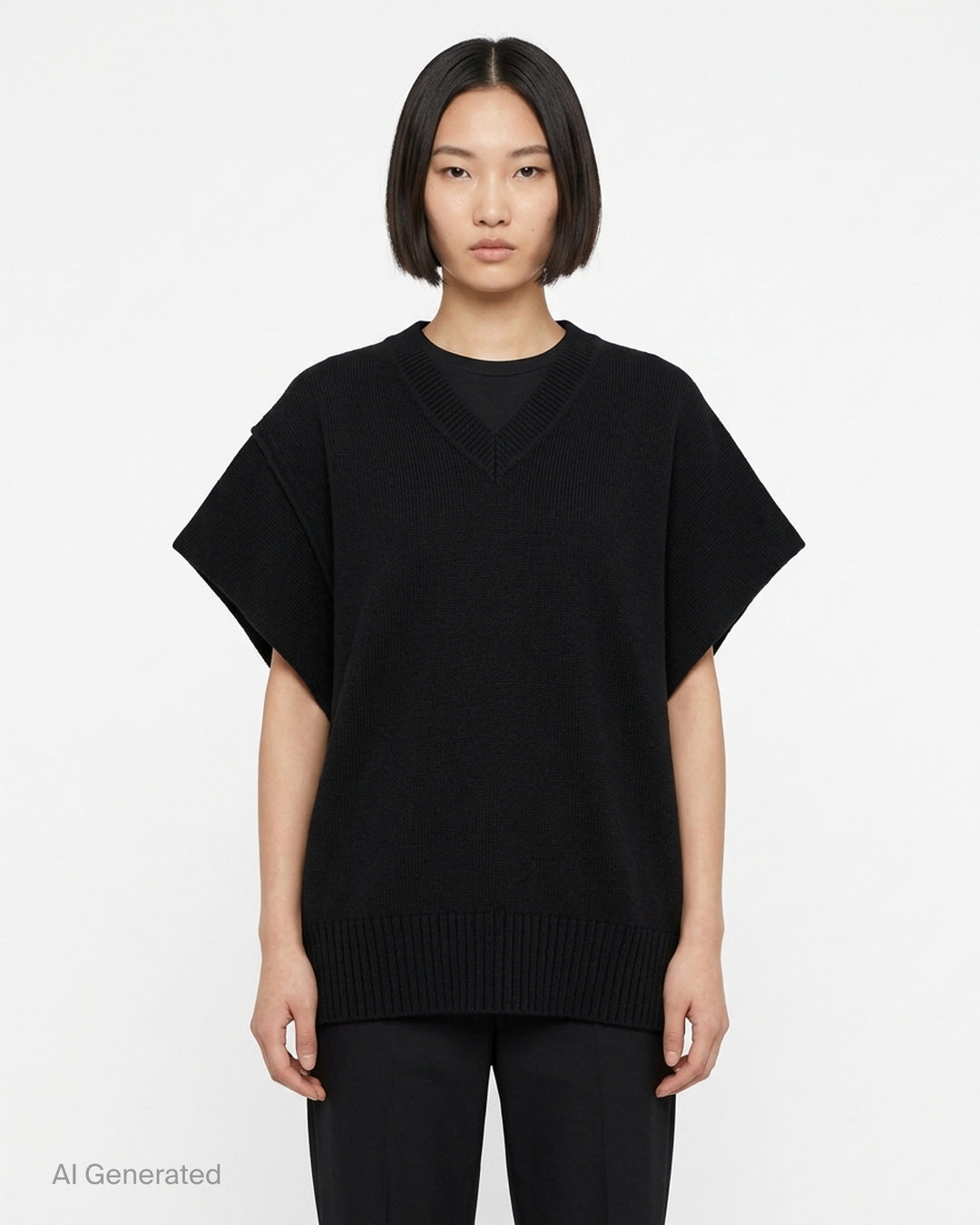 Issey Miyake black oversized knit vest with V-neckline, ribbed trims and a sculptural cocoon silhouette - front