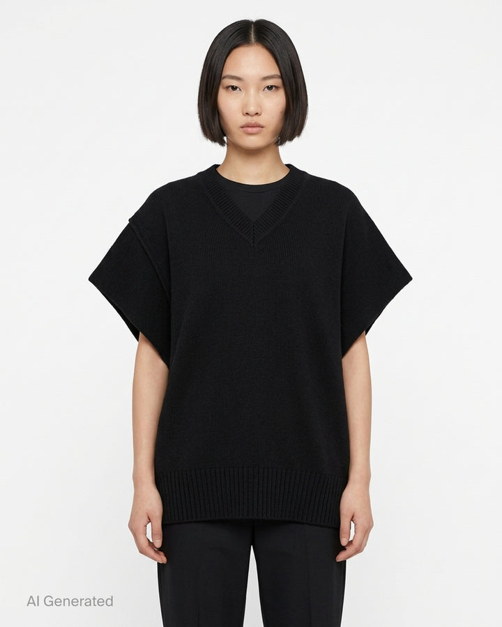 Issey Miyake black oversized knit vest with V-neckline, ribbed trims and a sculptural cocoon silhouette - front