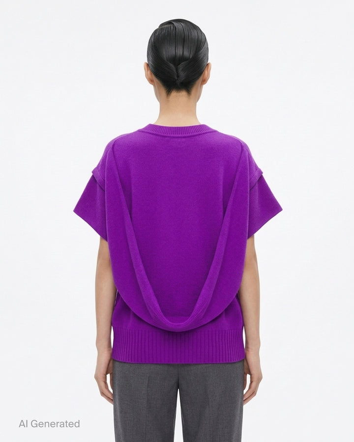 Issey Miyake black oversized knit vest with V-neckline, ribbed trims and a sculptural cocoon silhouette - back