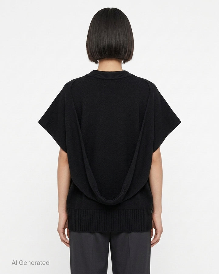 Issey Miyake black oversized knit vest with V-neckline, ribbed trims and a sculptural cocoon silhouette - back