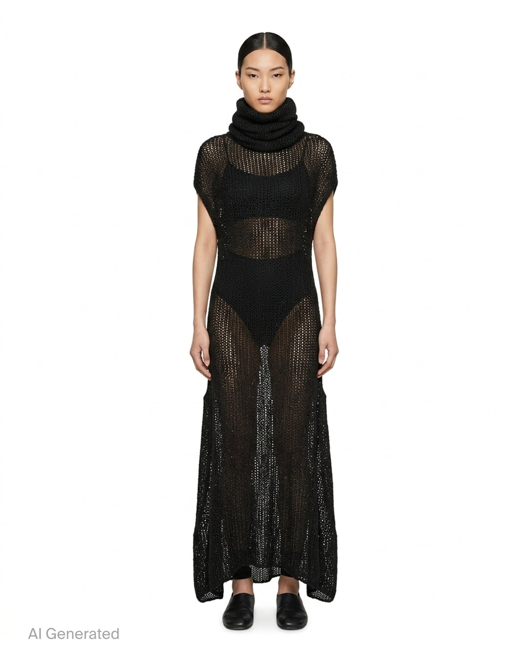 Issey Miyake Panini Pulled black sheer open-knit maxi dress with draped funnel neck, cap sleeves and curved flared hem - front