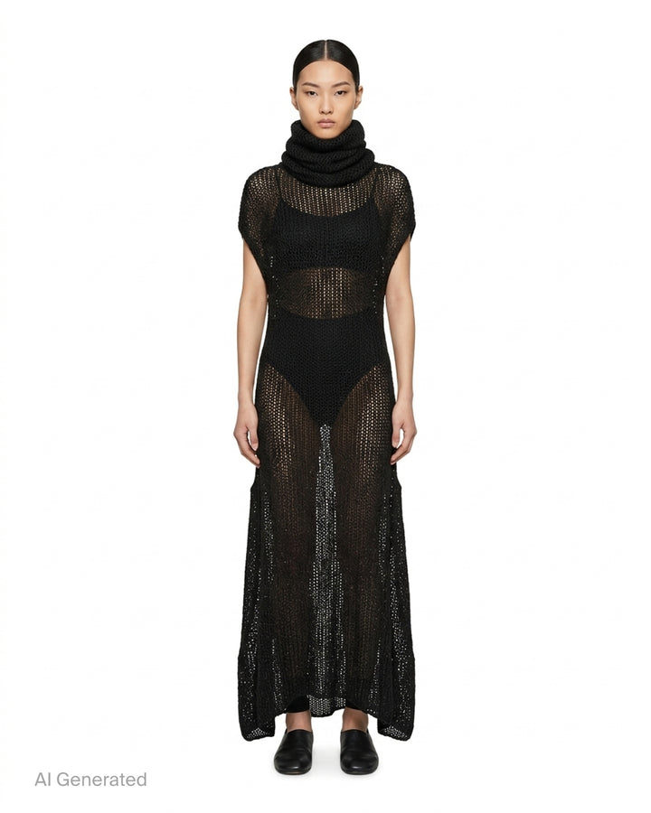 Issey Miyake Panini Pulled black sheer open-knit maxi dress with draped funnel neck, cap sleeves and curved flared hem - front