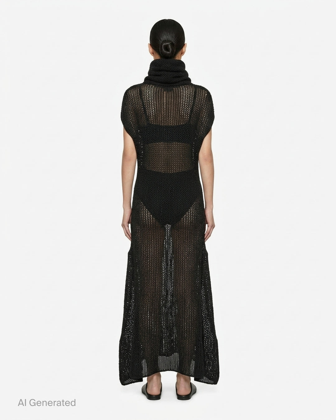 Issey Miyake Panini Pulled black sheer open-knit maxi dress with draped funnel neck, cap sleeves and curved flared hem - back