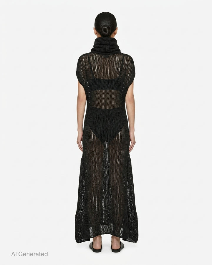 Issey Miyake Panini Pulled black sheer open-knit maxi dress with draped funnel neck, cap sleeves and curved flared hem - back