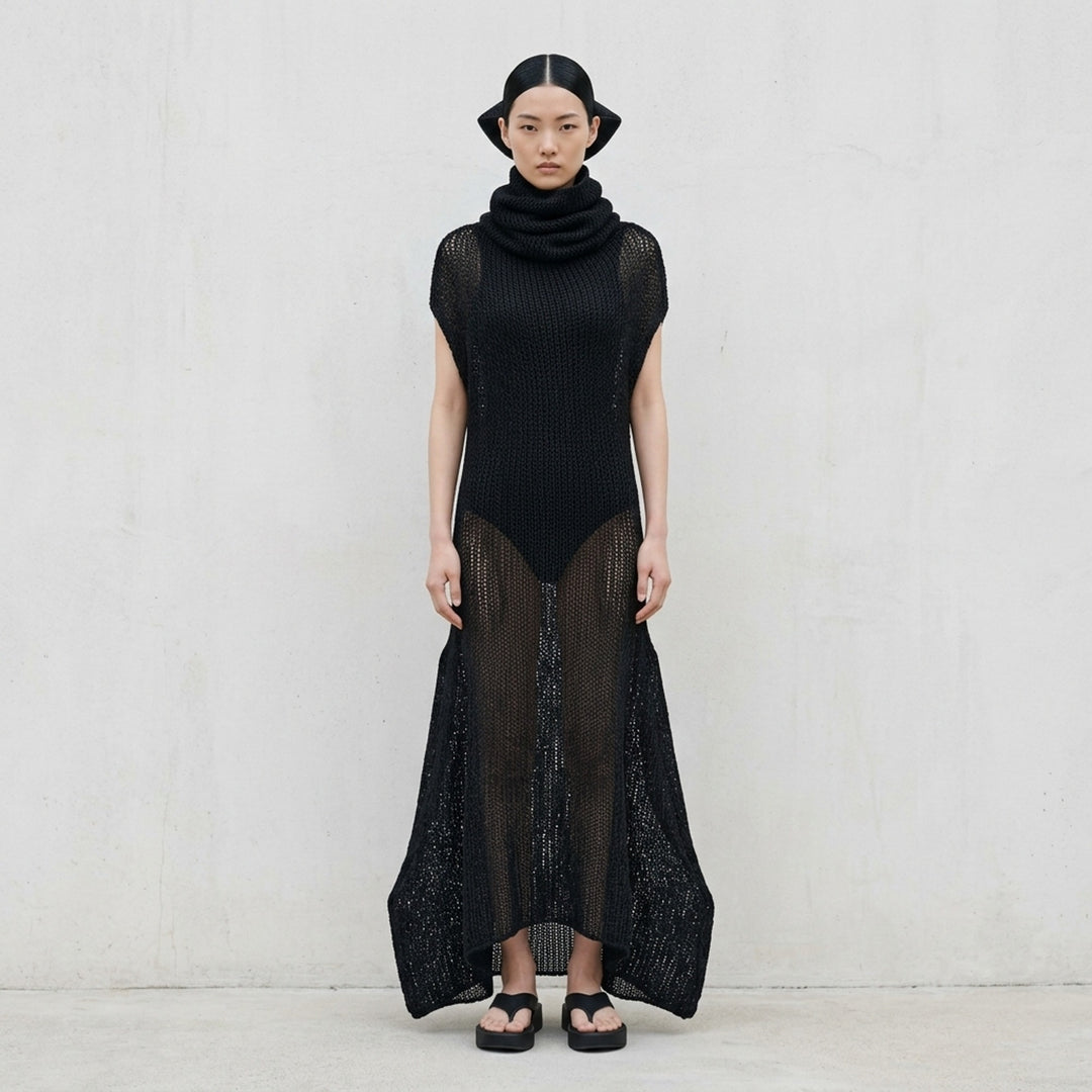 Issey Miyake Panini Pulled black sheer open-knit maxi dress with draped funnel neck, cap sleeves and curved flared hem - lifestyle