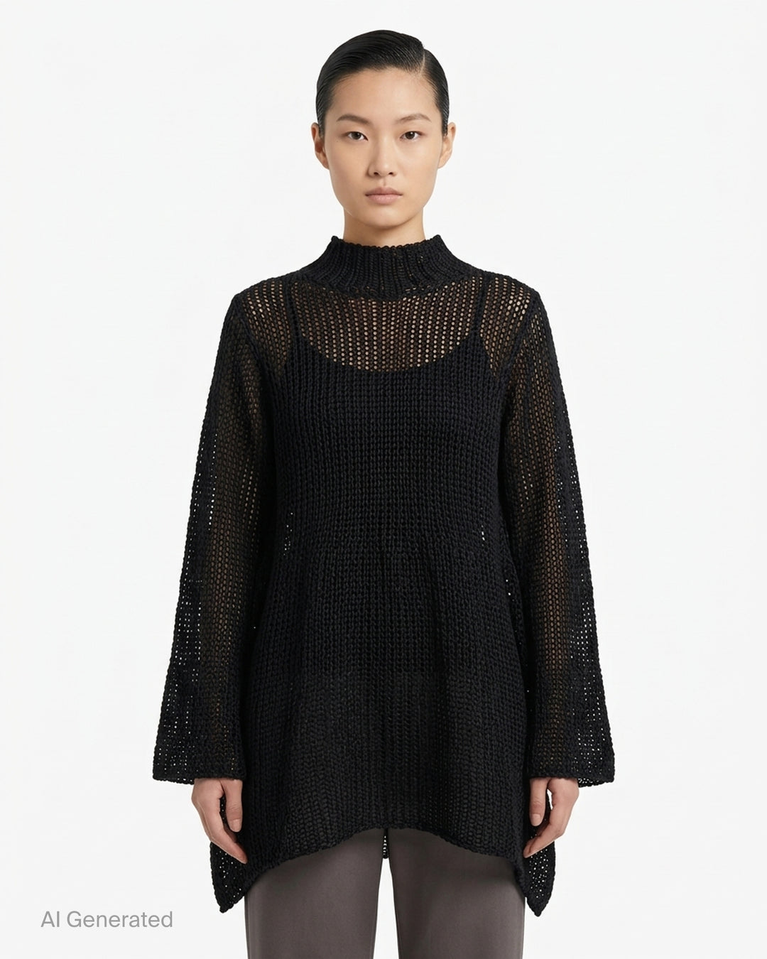 Issey Miyake Panini Pulled black open-knit mesh top with funnel neck, wide sleeves and handkerchief hem - front