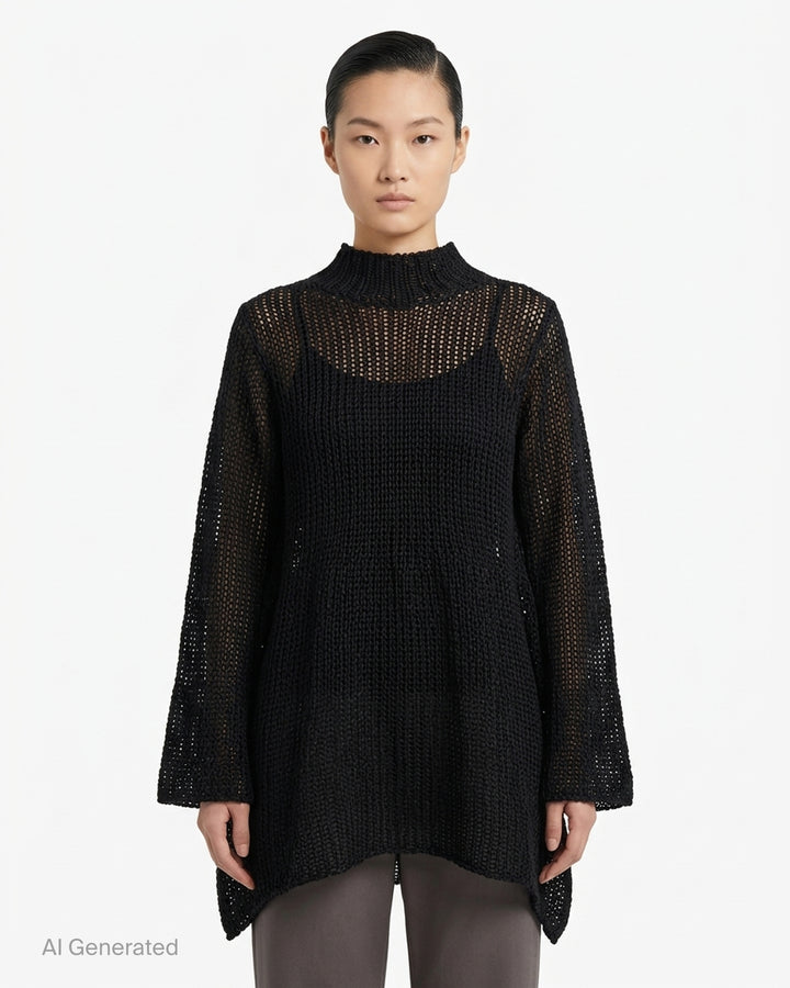 Issey Miyake Panini Pulled black open-knit mesh top with funnel neck, wide sleeves and handkerchief hem - front