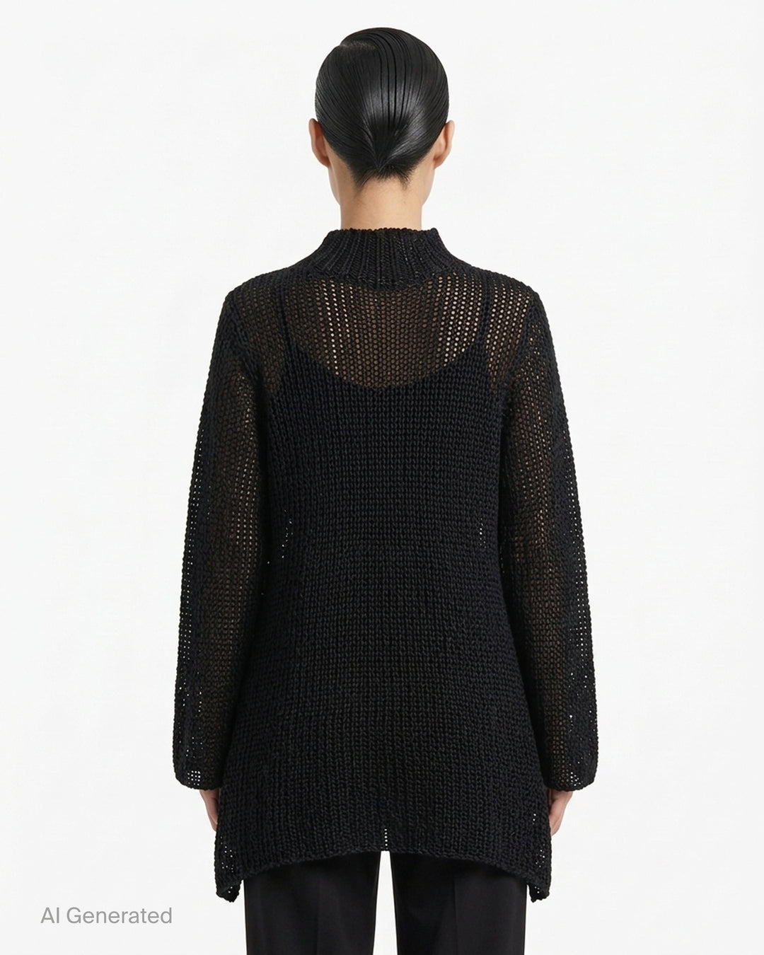 Issey Miyake Panini Pulled black open-knit mesh top with funnel neck, wide sleeves and handkerchief hem - back