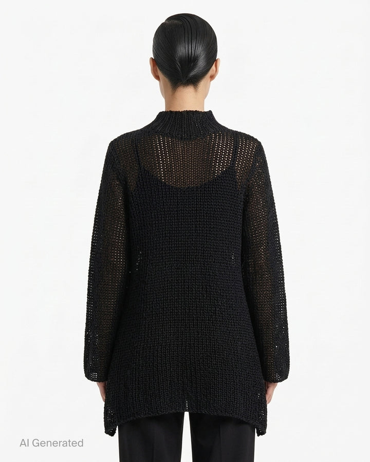 Issey Miyake Panini Pulled black open-knit mesh top with funnel neck, wide sleeves and handkerchief hem - back