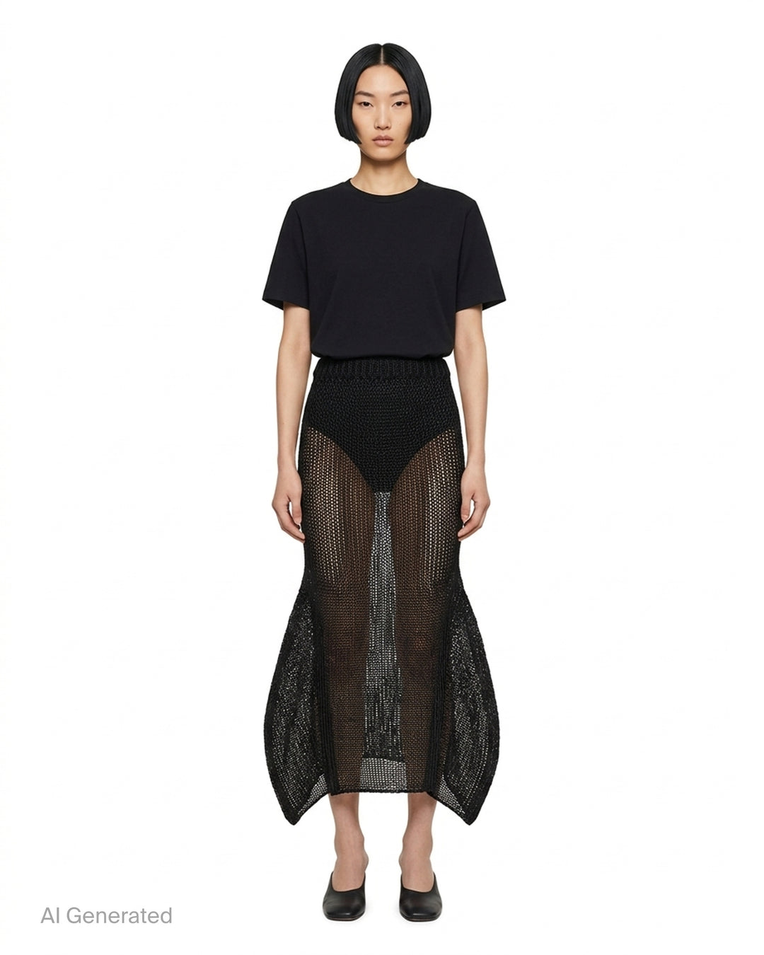 Issey Miyake Panini Pulled black open-weave sheer knit midi skirt with ribbed waistband and flared petal-shaped side panels, front view - front