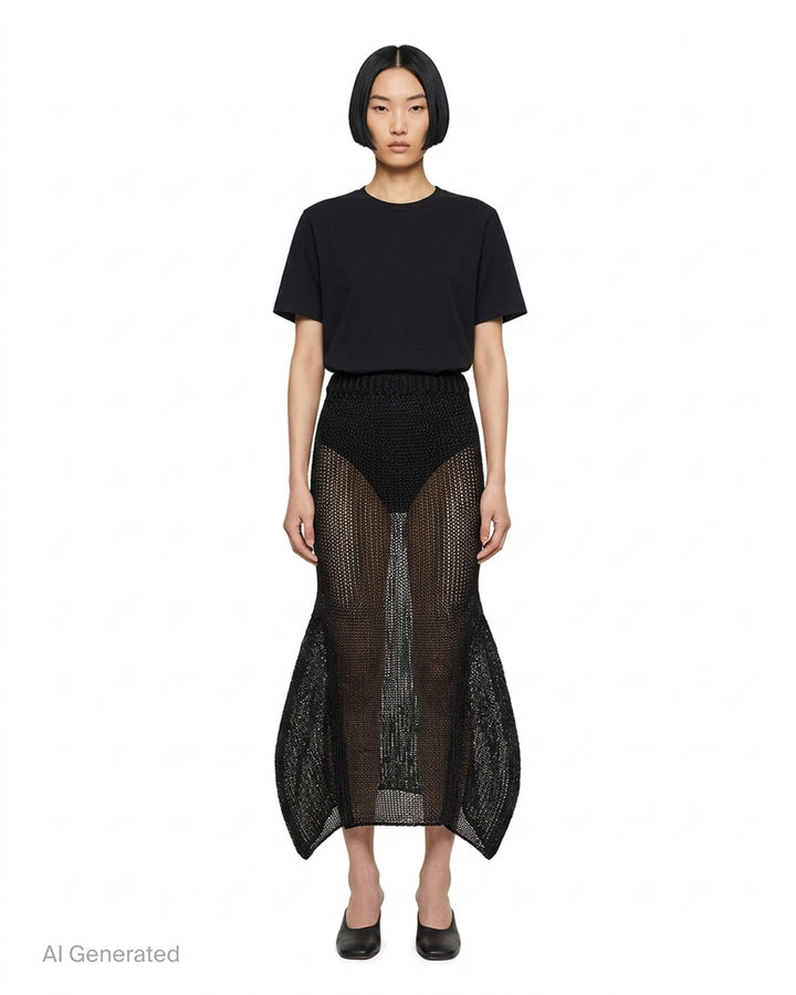 Issey Miyake Panini Pulled black open-weave sheer knit midi skirt with ribbed waistband and flared petal-shaped side panels, front view - front