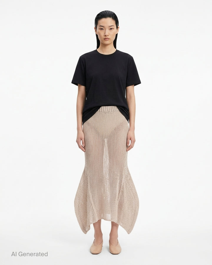 Issey Miyake Panini Pulled black open-weave sheer knit midi skirt with ribbed waistband and flared petal-shaped side panels, front view - front