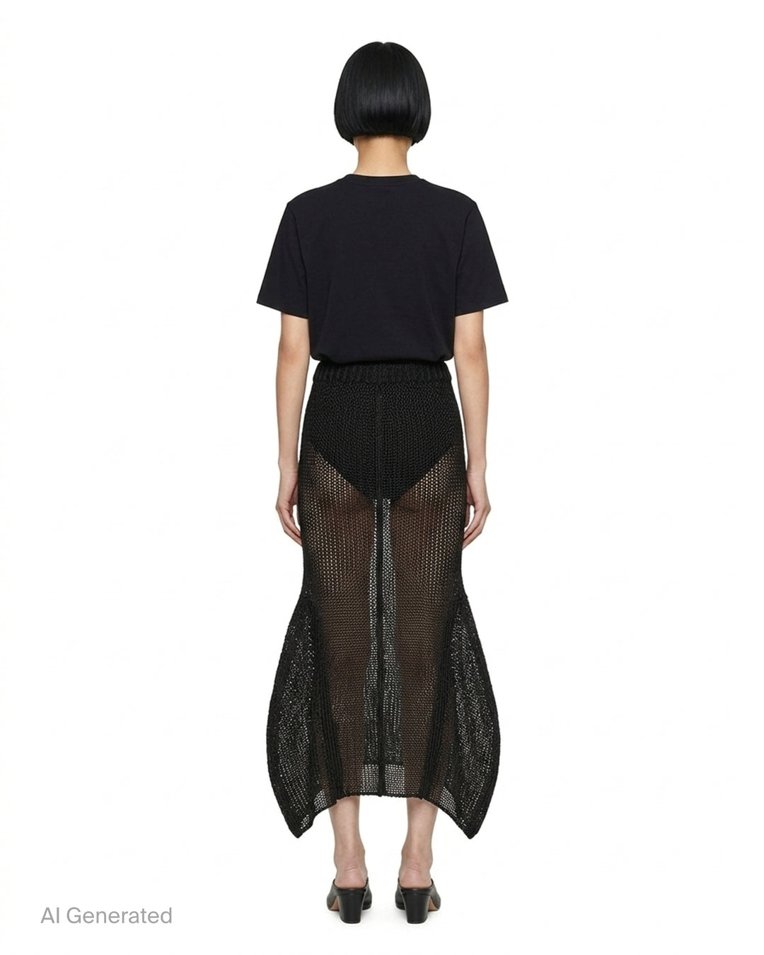 Issey Miyake Panini Pulled black open-weave sheer knit midi skirt with ribbed waistband and flared petal-shaped side panels, front view - back