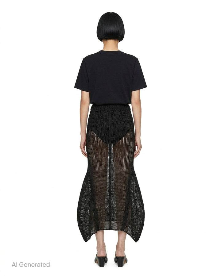 Issey Miyake Panini Pulled black open-weave sheer knit midi skirt with ribbed waistband and flared petal-shaped side panels, front view - back
