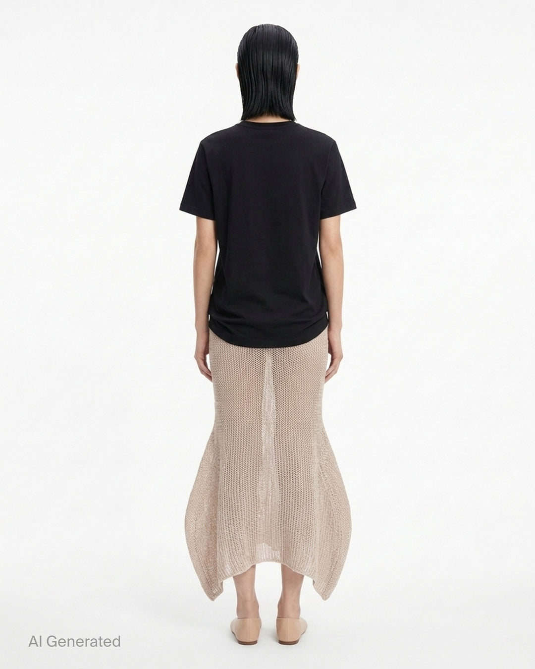 Issey Miyake Panini Pulled black open-weave sheer knit midi skirt with ribbed waistband and flared petal-shaped side panels, front view - back