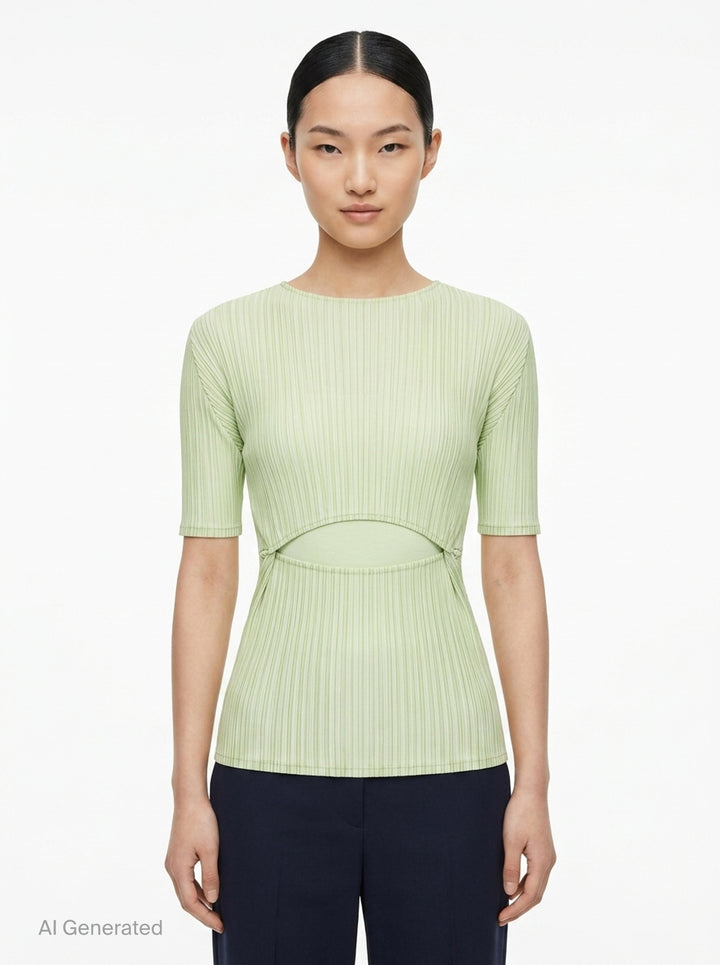 Pleated Cut-Out Short Sleeve Top | Issey Miyake | Club21 - front