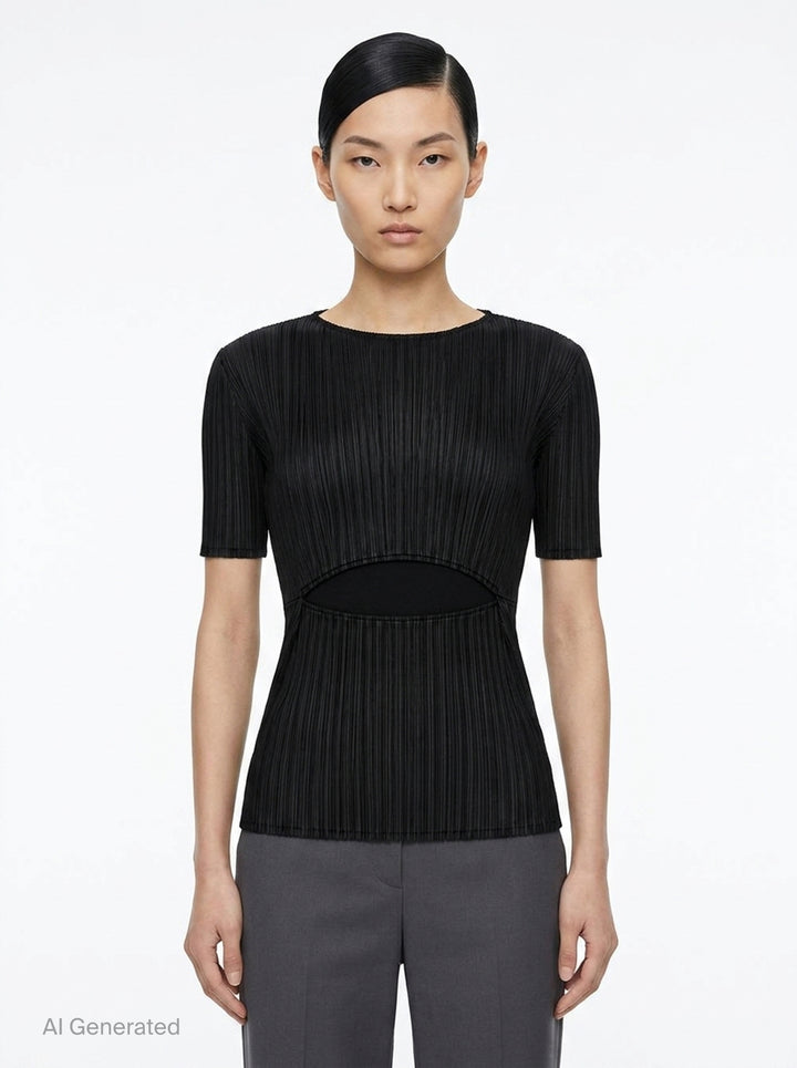 Pleated Cut-Out Short Sleeve Top | Issey Miyake | Club21 - front