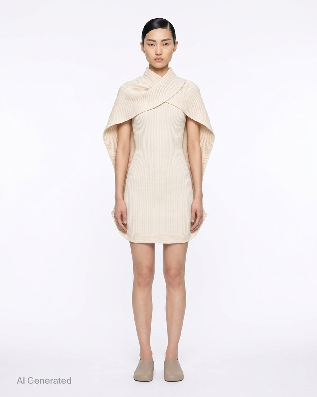 Issey Miyake Prance Knit Dress in black, rear view, showing ribbed construction, open-front silhouette, long sleeves, and curved hemline - front