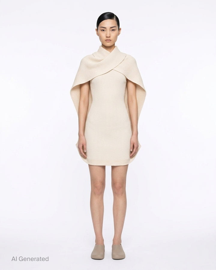 Issey Miyake Prance Knit Dress in black, rear view, showing ribbed construction, open-front silhouette, long sleeves, and curved hemline - front