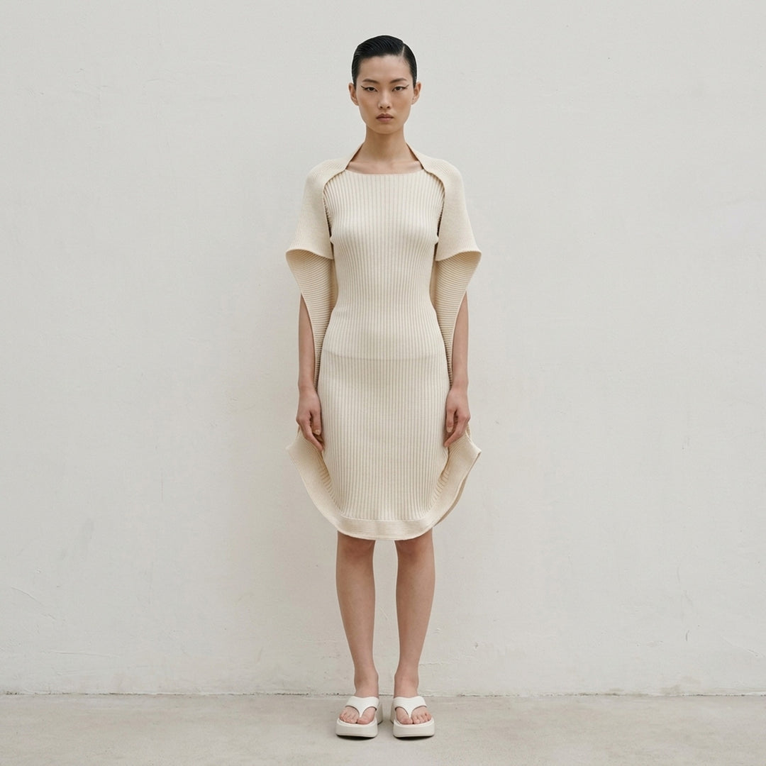 Issey Miyake Prance Knit Dress in black, rear view, showing ribbed construction, open-front silhouette, long sleeves, and curved hemline - lifestyle