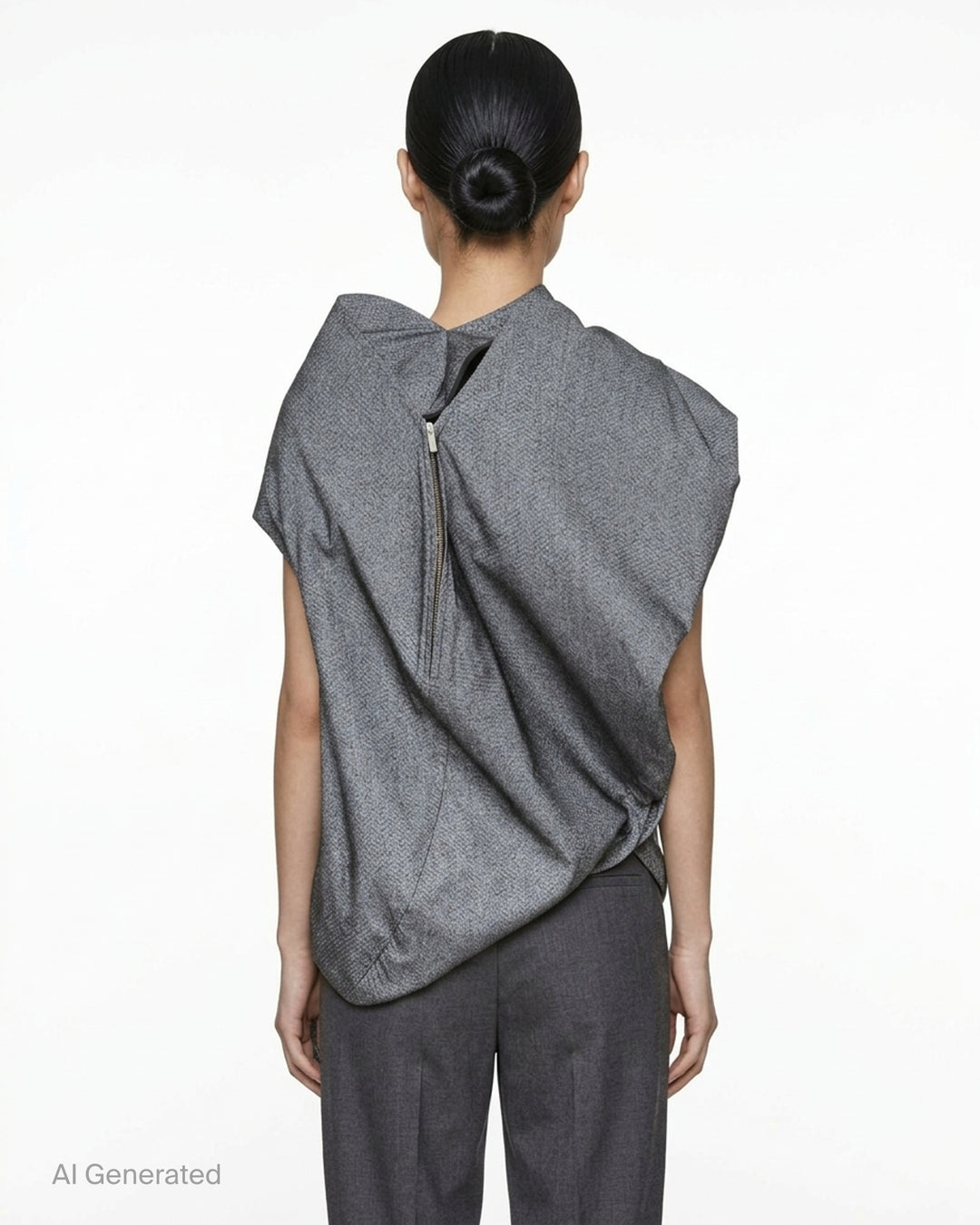 Issey Miyake Reflection woven top in heathered grey, shown flat displaying its asymmetric draped and gathered sculptural silhouette with open-weave textured fabric and visible brand label at neckline - back